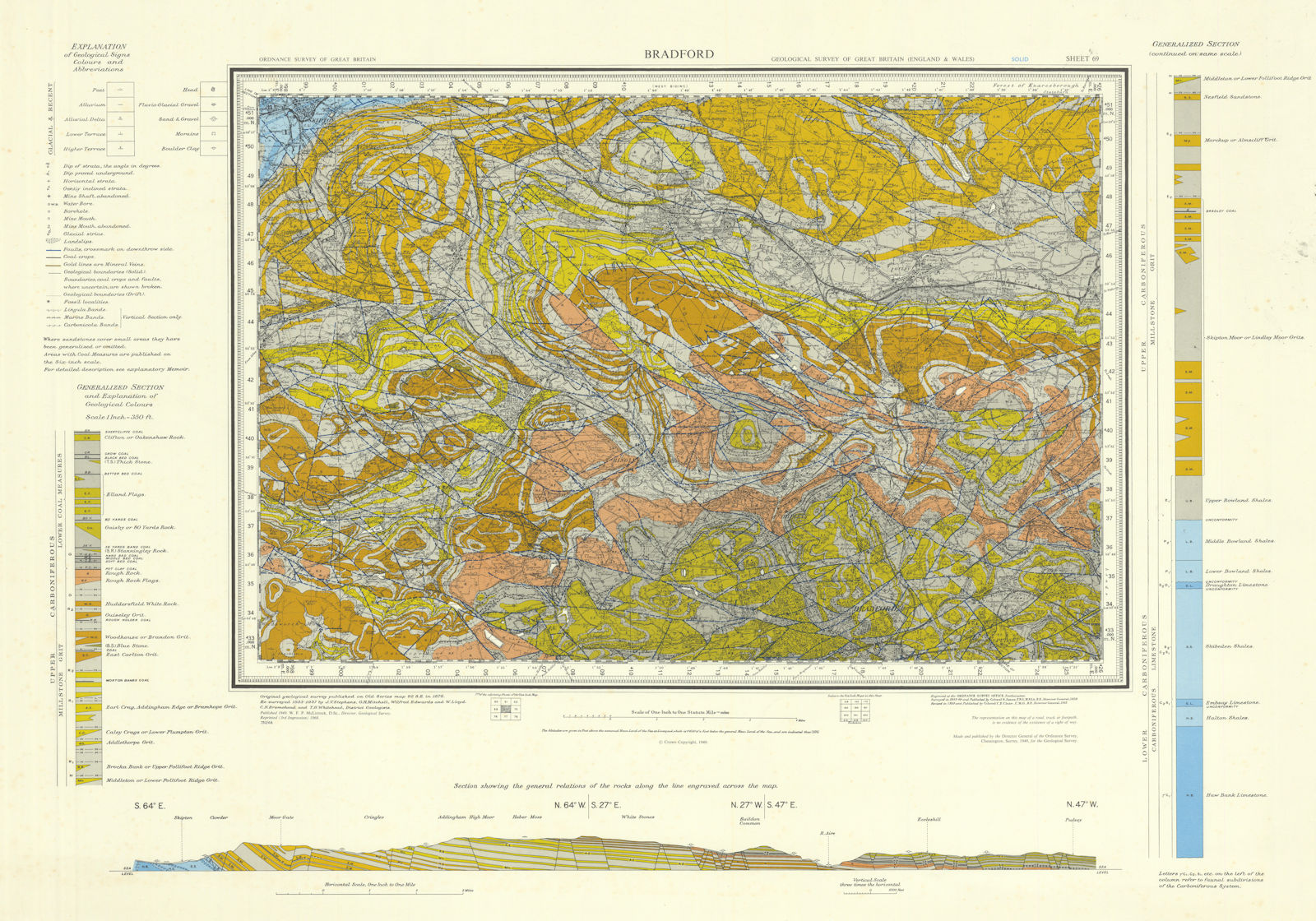 Bradford geological survey sheet 69 Coal Measures Airedale Pennines 1968 map